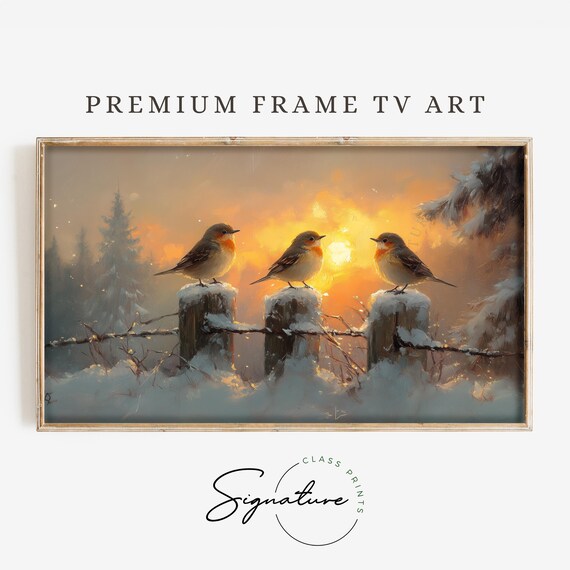 Winter Songbirds Trio Snowy Fence Posts Fiery Sunset Birds Painting Poster