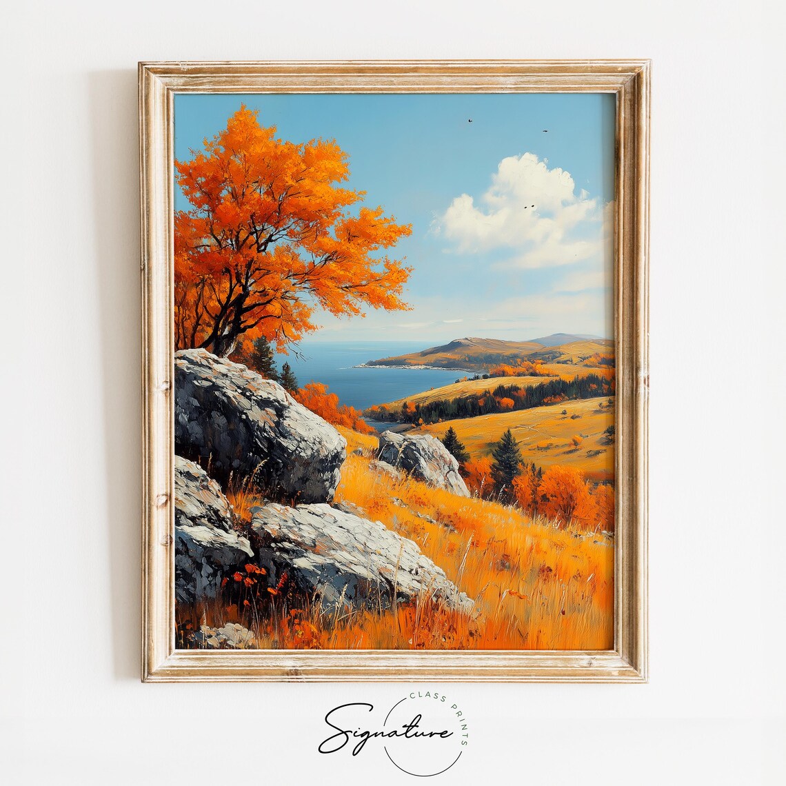 Orange Autumn Tree on Rocky Cliffs Overlooking Blue Lake and Hills Wall Art