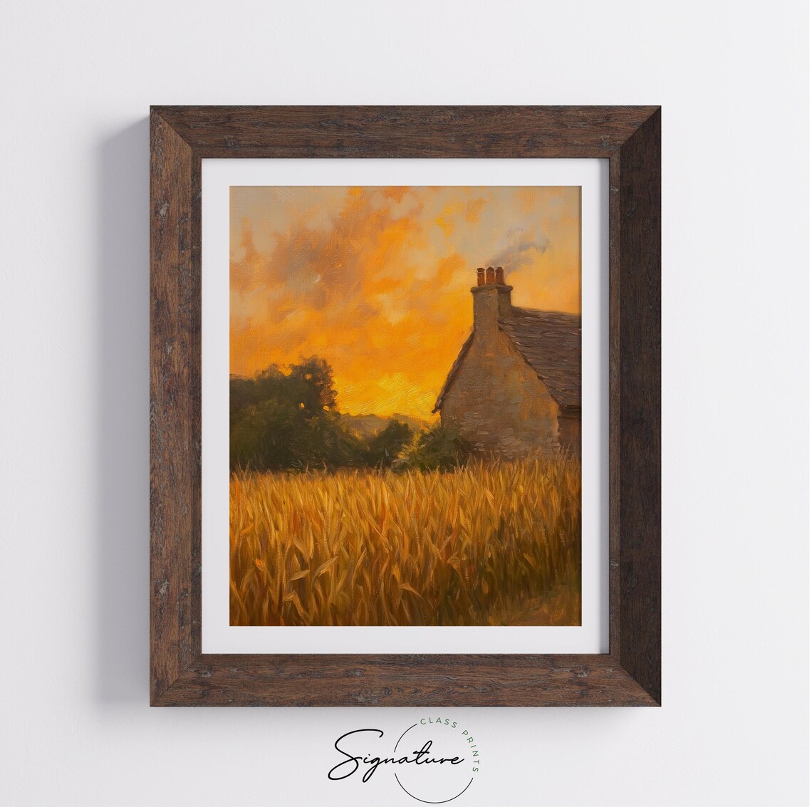Stone Cottage in a Golden Wheat Field at a Fiery Autumn Sunset Poster - Image 4