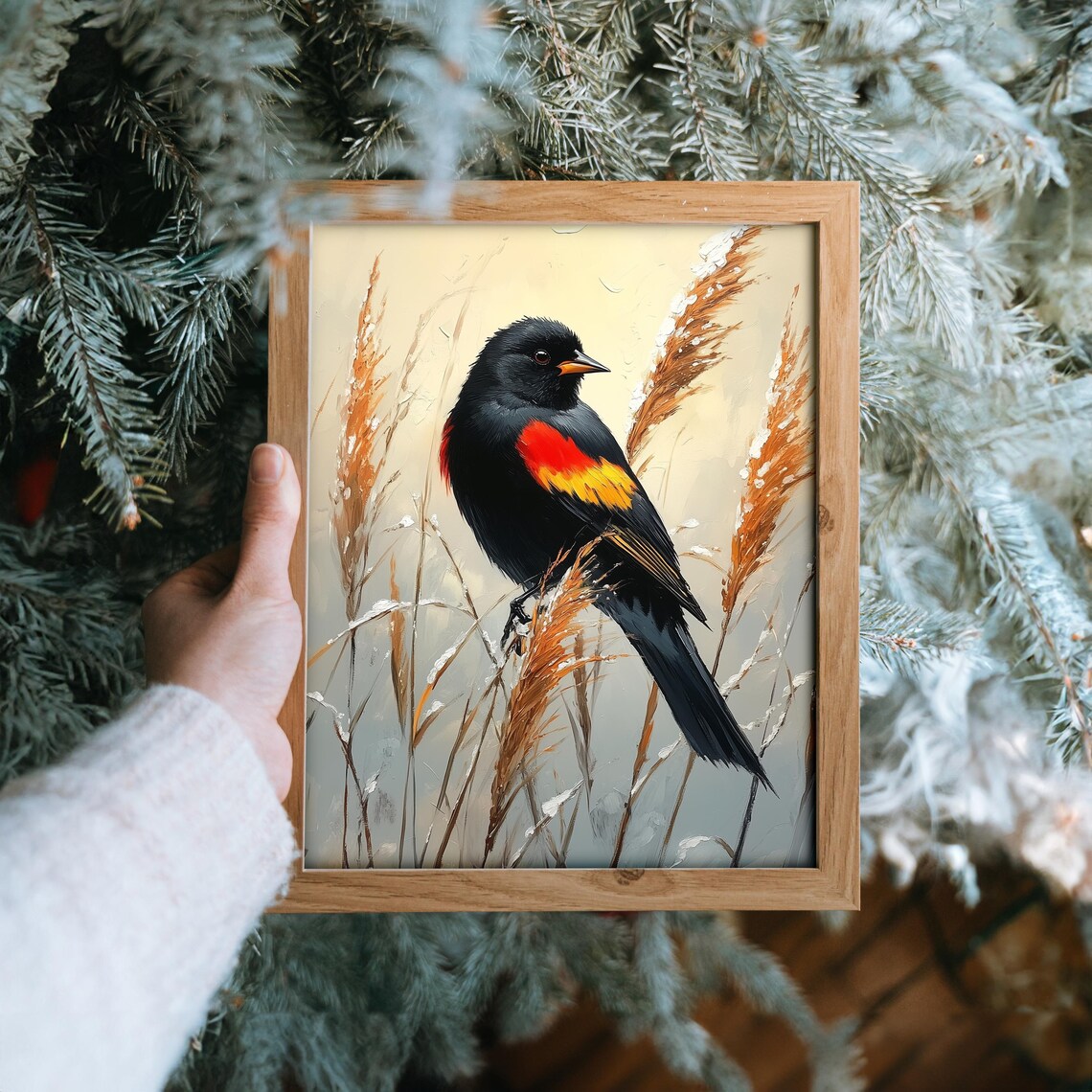Red Winged Blackbird In Winter Reeds Striking Nature Art Poster - Image 6