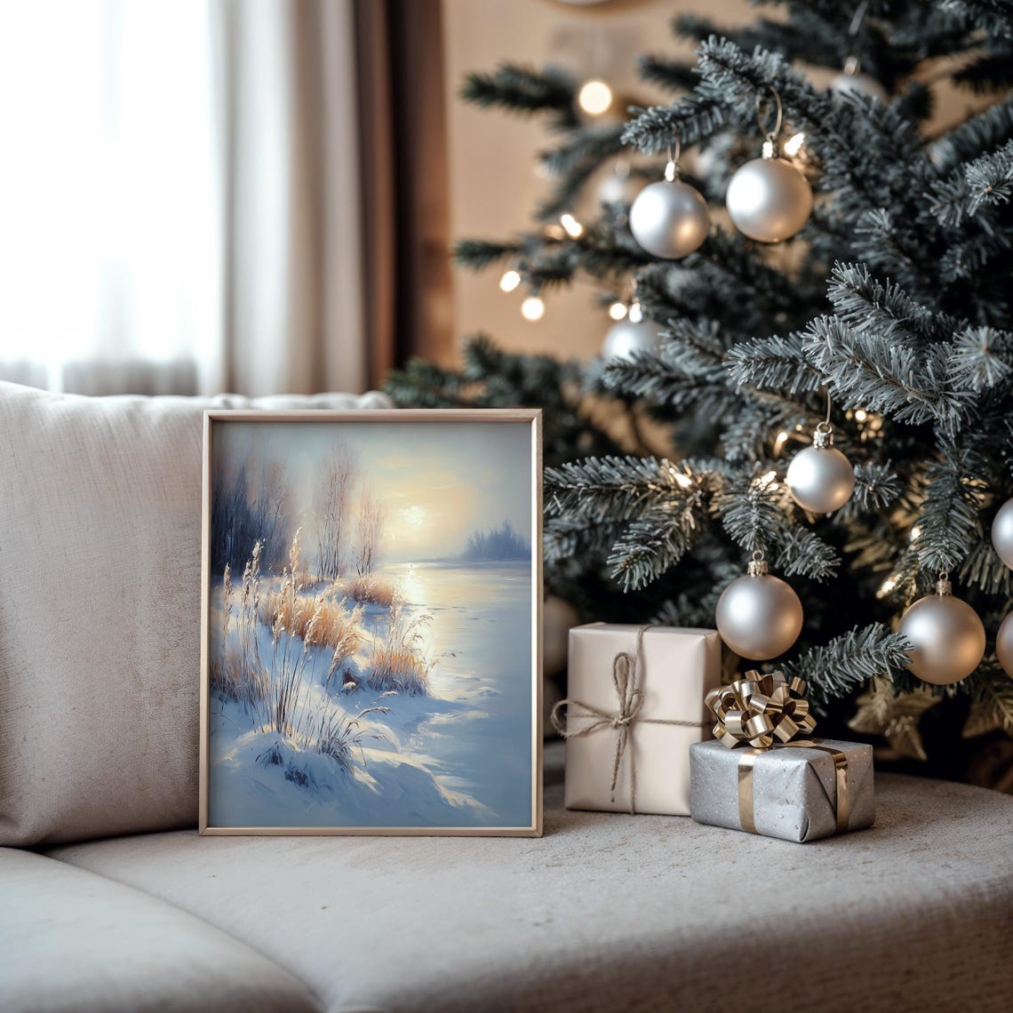 Serene Frosty Meadow Golden Reeds Sunrise Winter Landscape Poster - Image 5