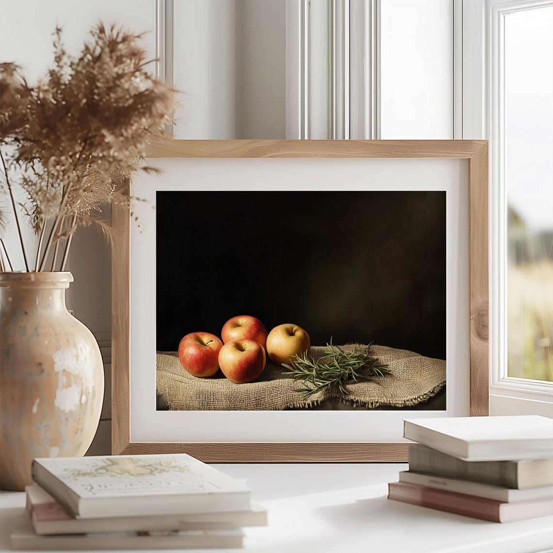 Rustic Apples Rosemary Still Life Painting Burlap Moody Kitchen Poster - Image 2