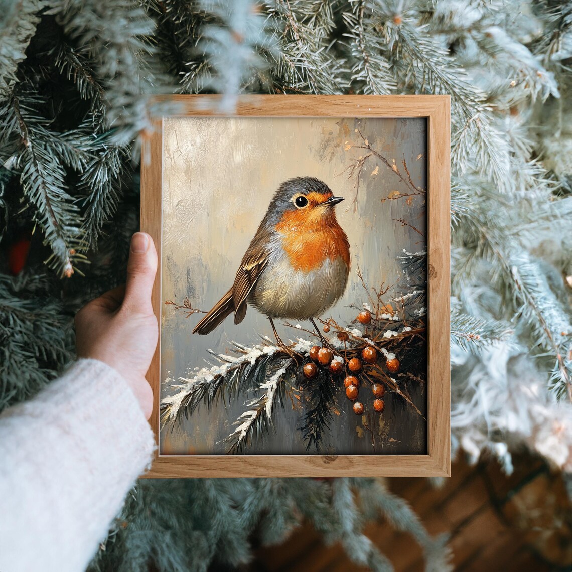 European Robin on Snowy Branch with Berries Winter Oil Painting Print - Image 6