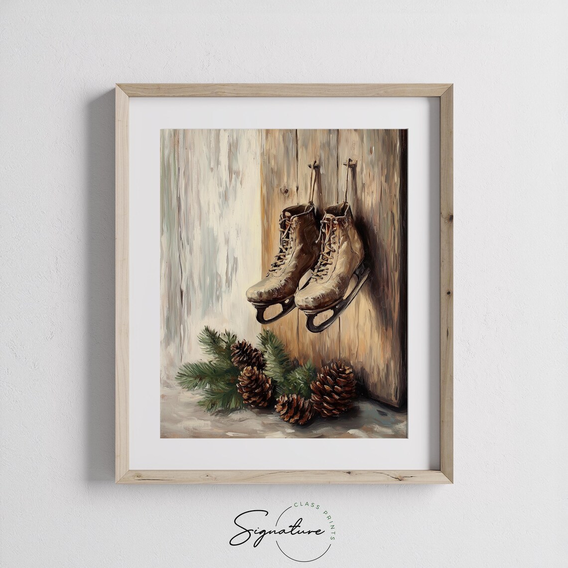 Vintage Ice Skates Hanging on Wooden Wall Winter Oil Painting Print - Image 2