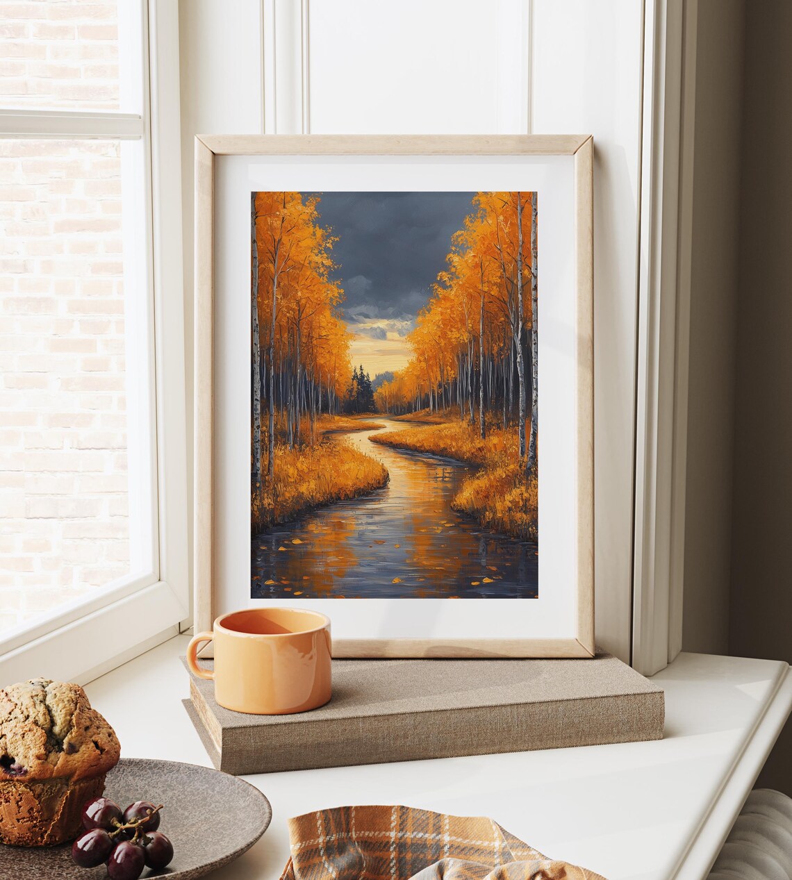 Birch Forest River Painting Golden Autumn Stormy Sky Fall Landscape Poster - Image 6