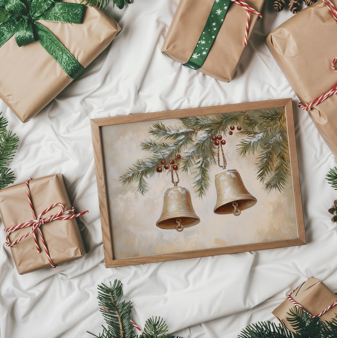 Rustic Christmas Bells With Evergreen Branches Art Print - Image 2