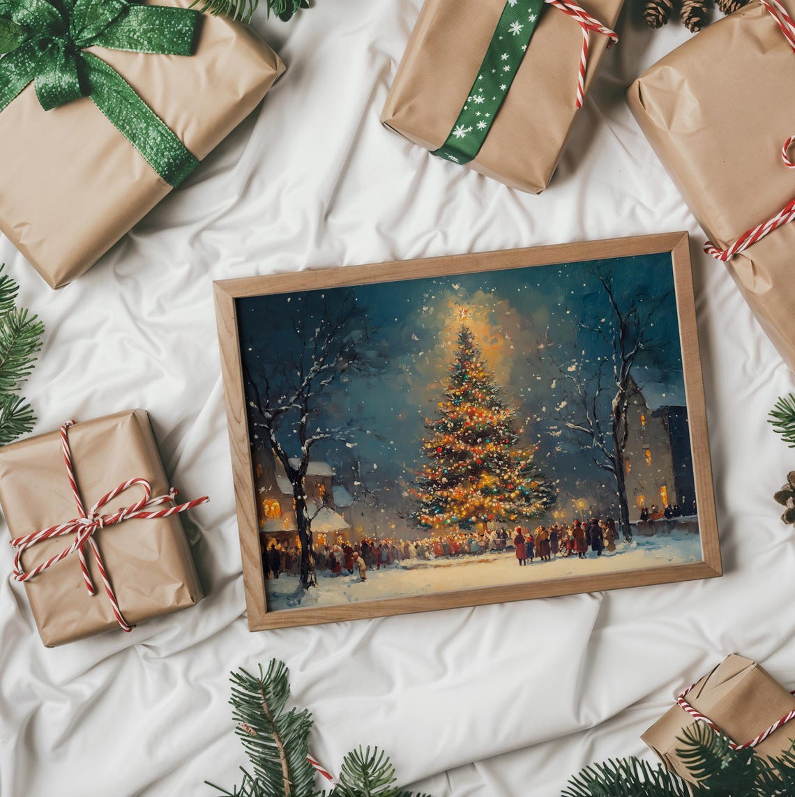 Glowing Christmas Tree in Snowy Night Town Square Winter Scene Poster - Image 2
