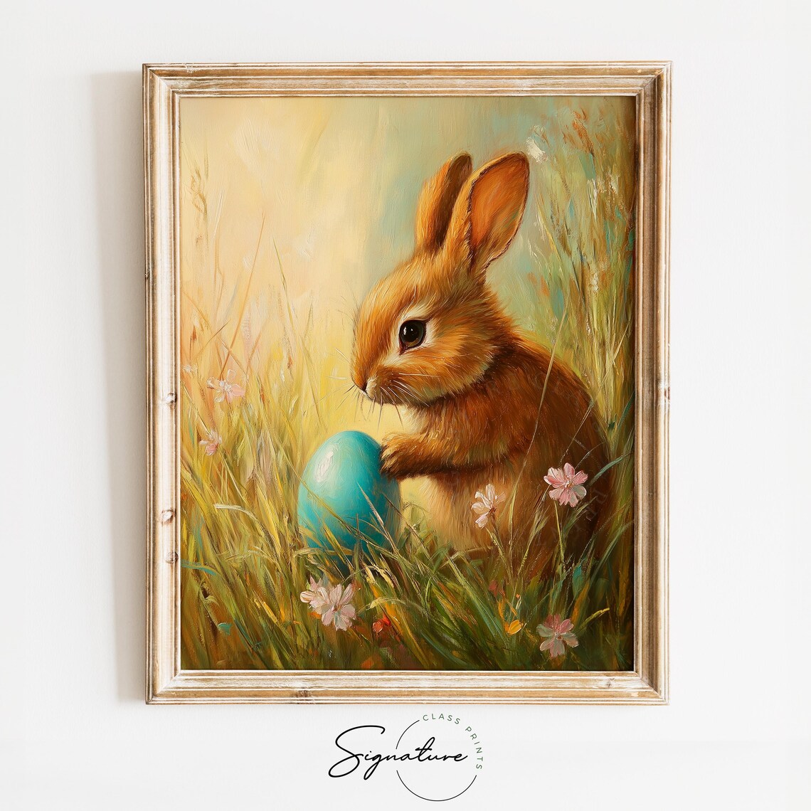 Curious Bunny With A Pastel Egg, Vintage Rabbit Art Print