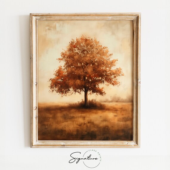 Solitary Autumn Tree Golden Field Minimalist Warm Tones Vintage Poster