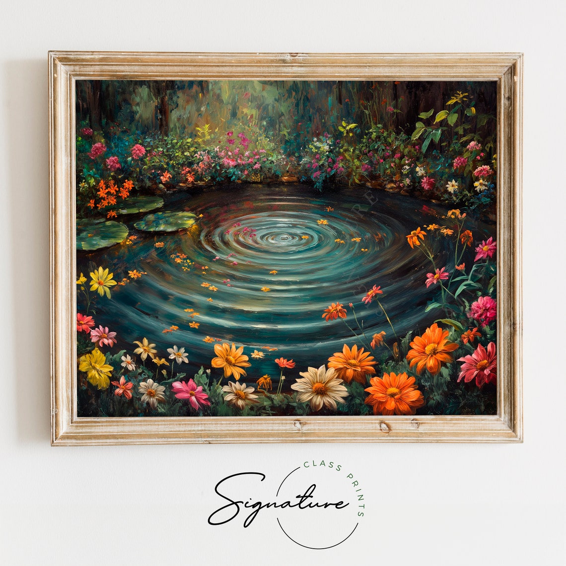 Enchanted Rippling Pond With Pink And Orange Blossoms Floral Poster