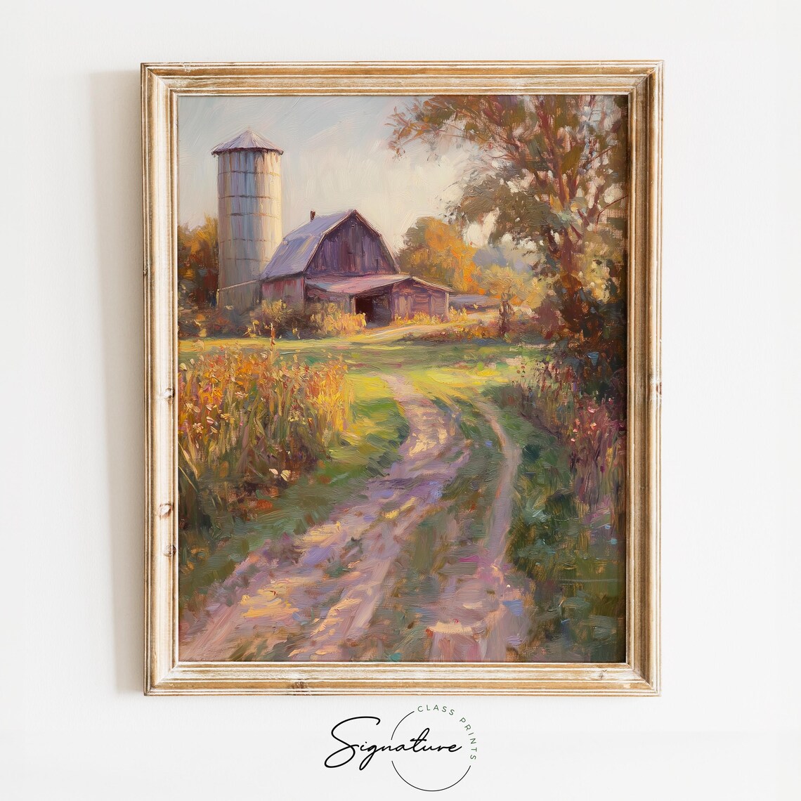 Old Red Barn With a Tall Silo Beside a Sunlit Country Road Poster