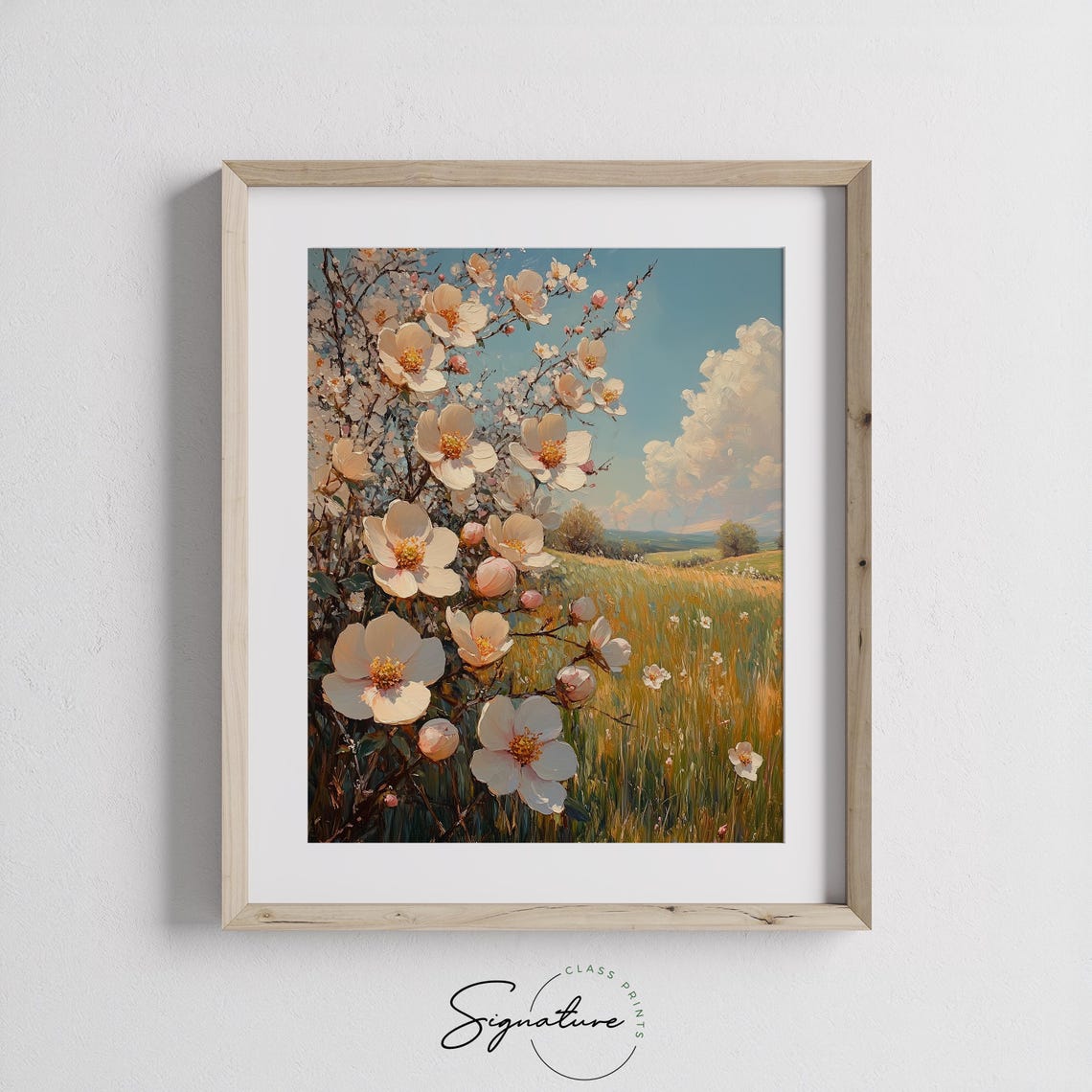 Blooming White Blossom Branch Over Sunny Meadow Spring Floral Poster - Image 2