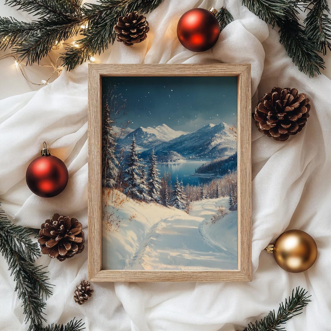 Snowy Mountains at Night over Blue Lake under Starry Winter Sky Poster - Image 4