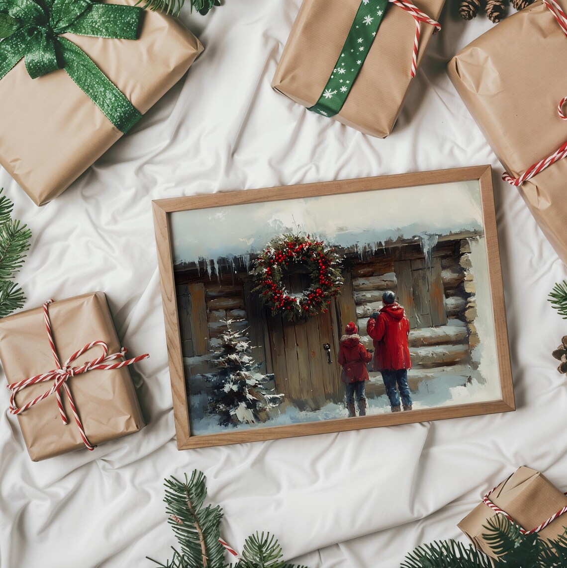 Couple At Cabin Door With Berry Wreath Snowy Christmas Poster - Image 2