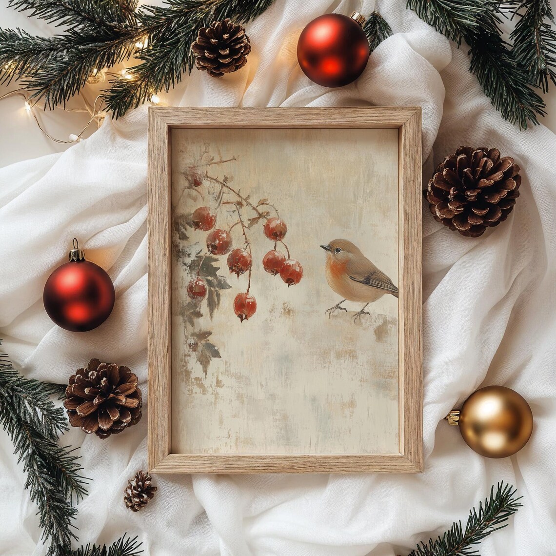 Robin with Red Rose Hip Berries Vintage Winter Bird Scene Poster - Image 4