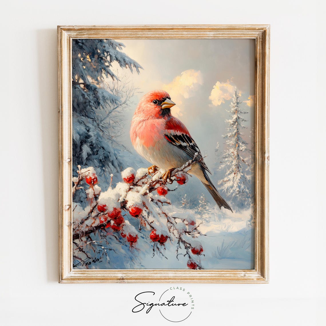 Charming Pine Grosbeak Bird On Snowy Berry Branch Wildlife Poster