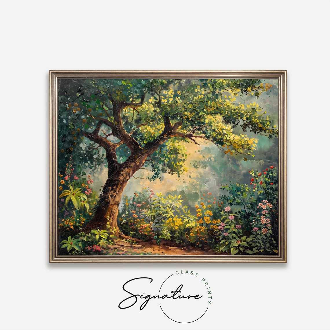 Ancient Gnarled Tree In Lush Flower Garden Sunlit Grove Poster - Image 4