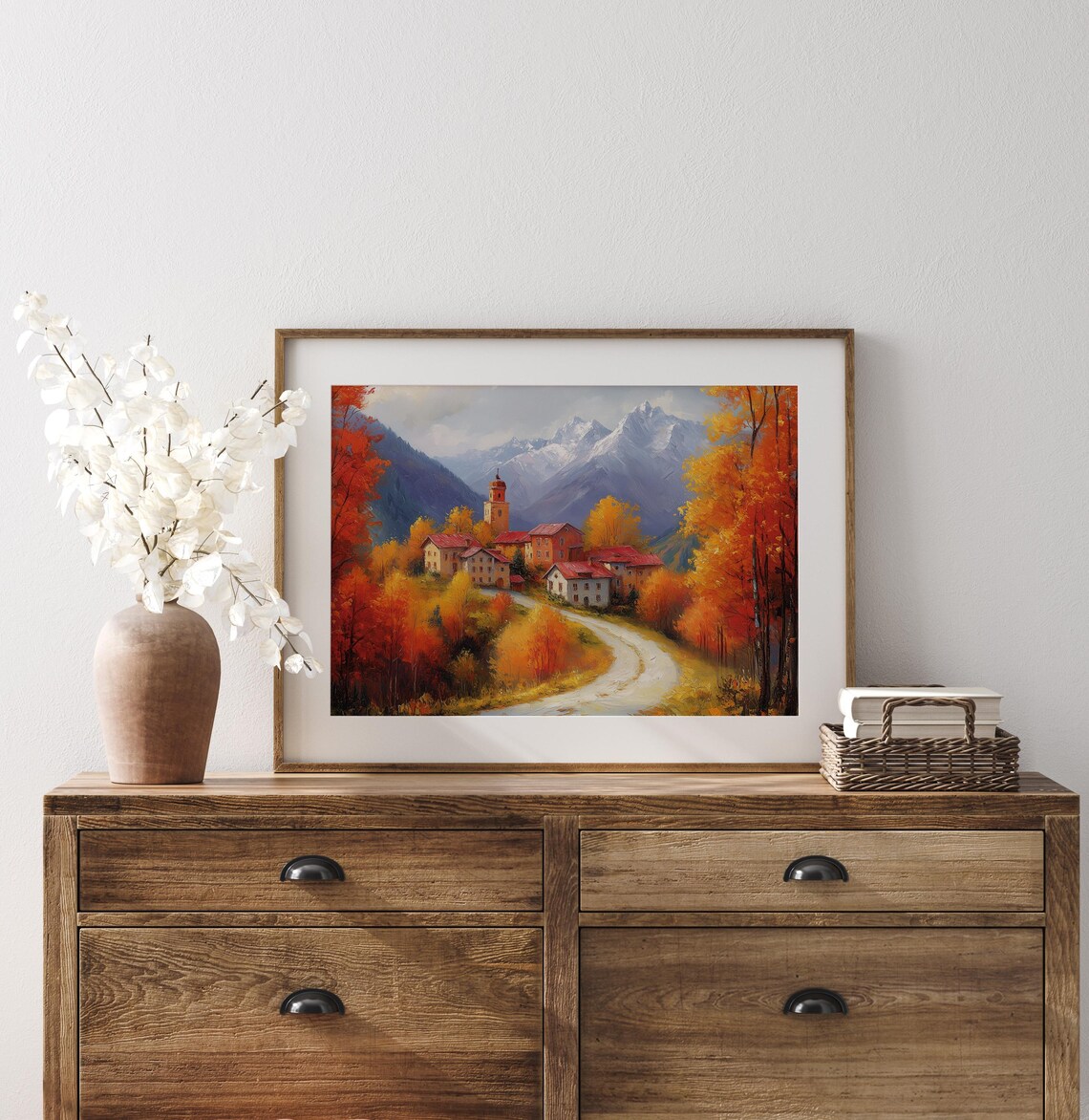 Mountain Village Church Winding Road Autumn Oil Painting Poster - Image 3