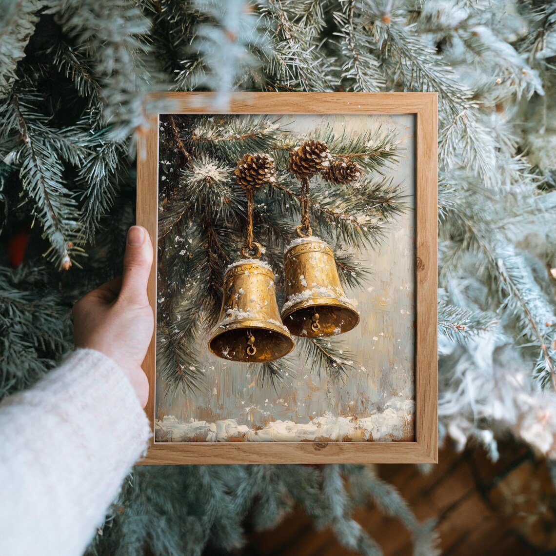 Pair of Golden Christmas Bells on a Snowy Evergreen Branch Poster - Image 6