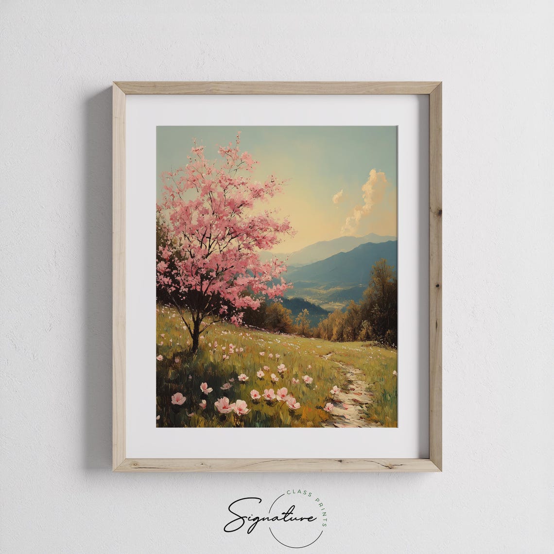 Pink Blossom Tree On Spring Hillside With Wildflowers Landscape Poster - Image 2