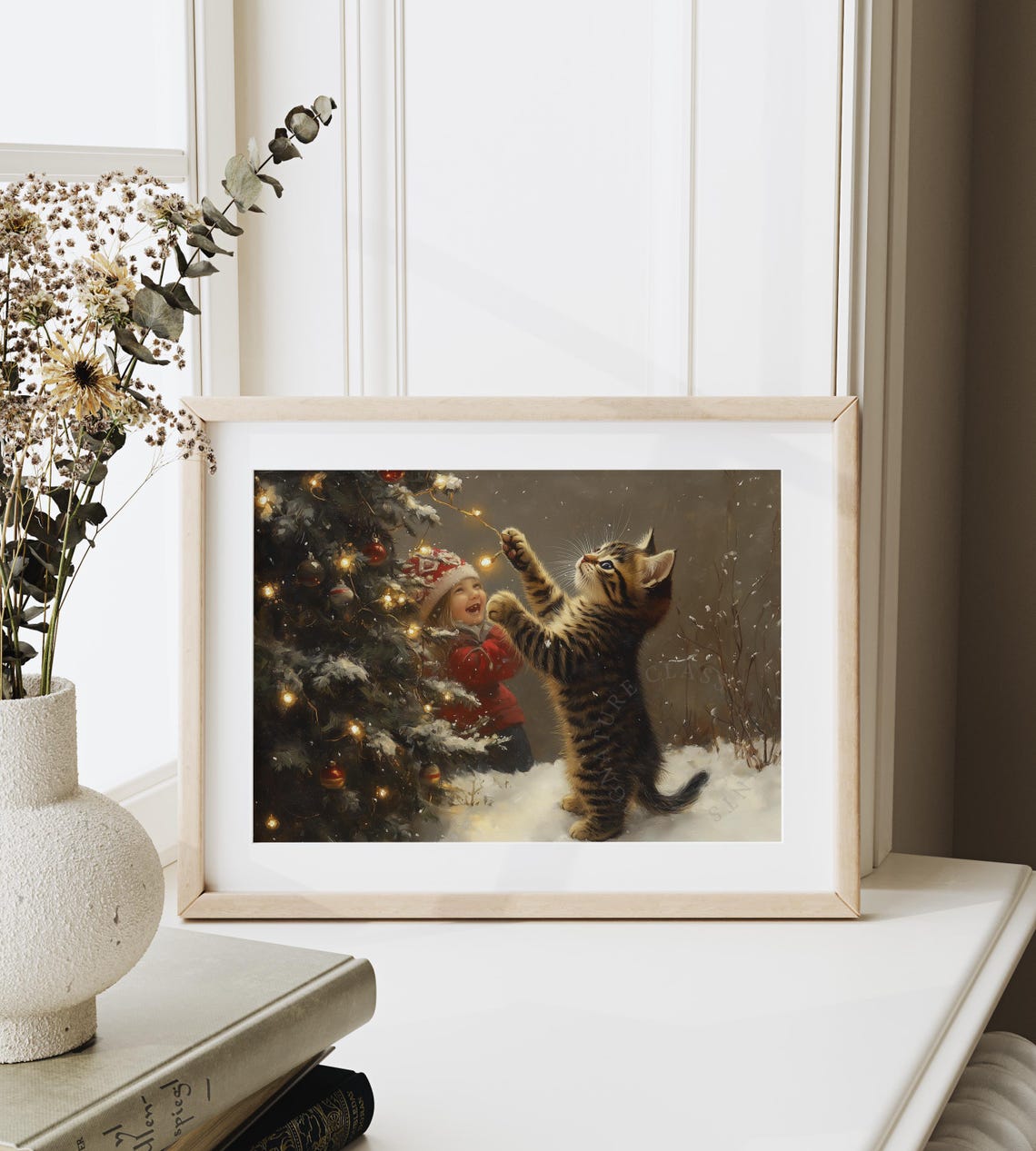 Tabby Kitten Pawing at Christmas Lights with Laughing Child Poster - Image 6