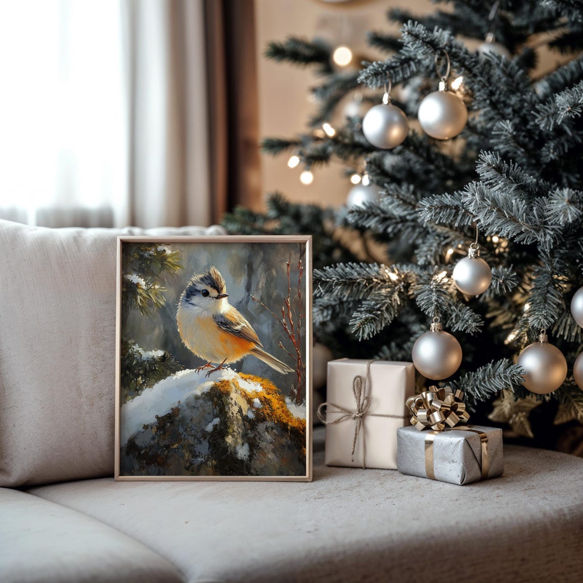 Small Crested Bird on Snowy Rock Winter Wildlife Oil Painting Print - Image 5