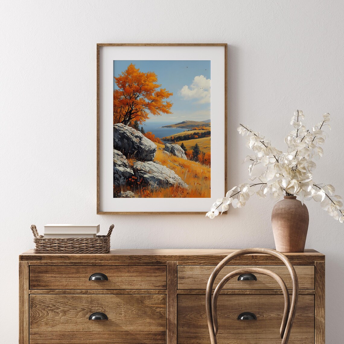 Orange Autumn Tree on Rocky Cliffs Overlooking Blue Lake and Hills Wall Art - Image 5