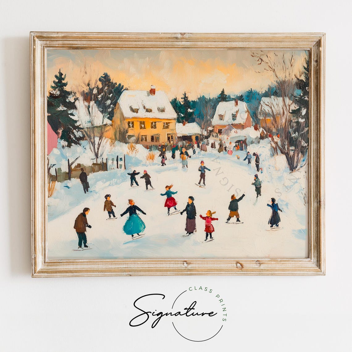 Winter Village Ice Skating At Dusk With Snowy Cottages Poster