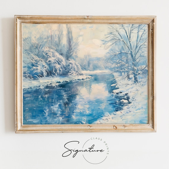 Tranquil Snowy River Scene Winter Landscape Blue Painting Poster