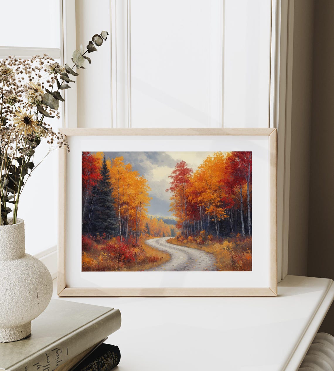 Curving Forest Road Between Tall Trees in Blazing Fall Color Poster - Image 6