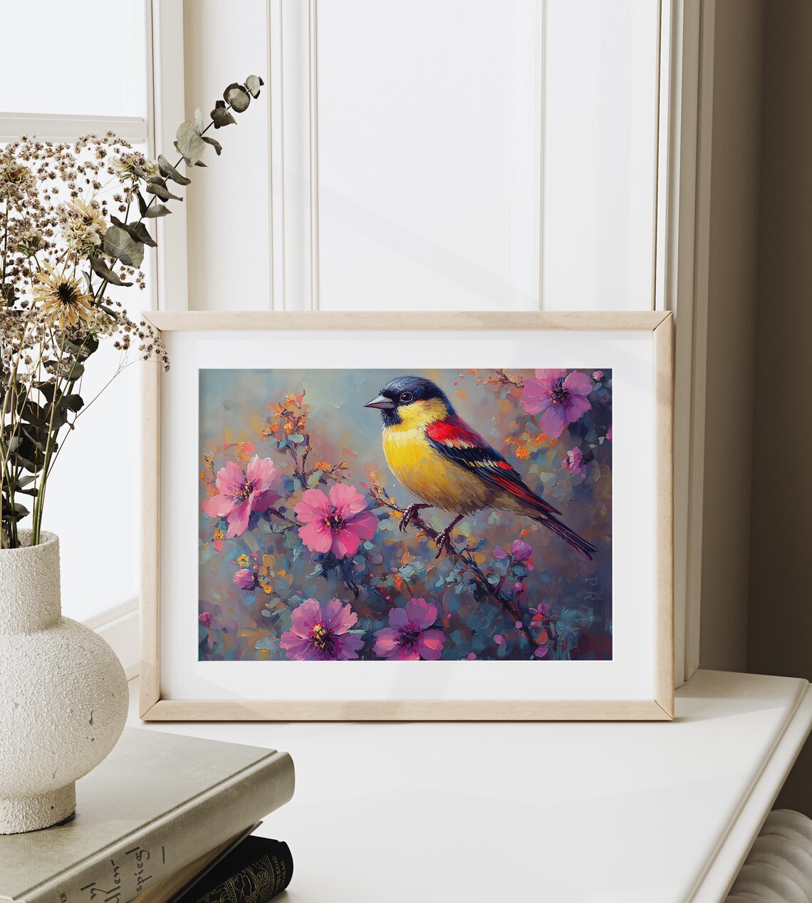 Colorful Songbird Perched On Pink Blossoms Vibrant Floral Wall Art - Image 6