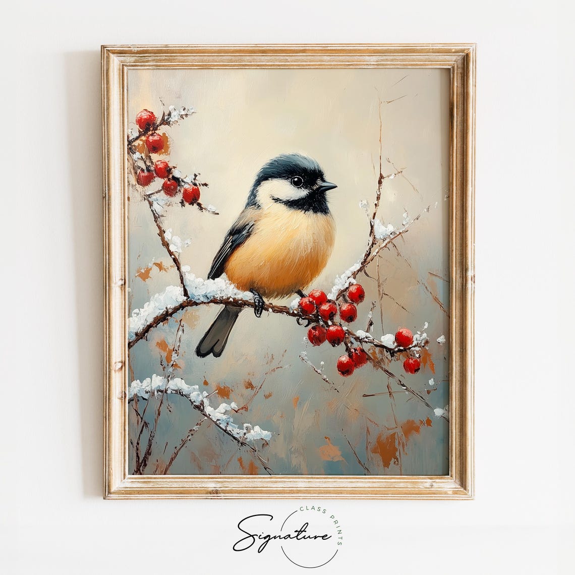 Chickadee on Snowy Branch with Bright Red Berries Winter Print