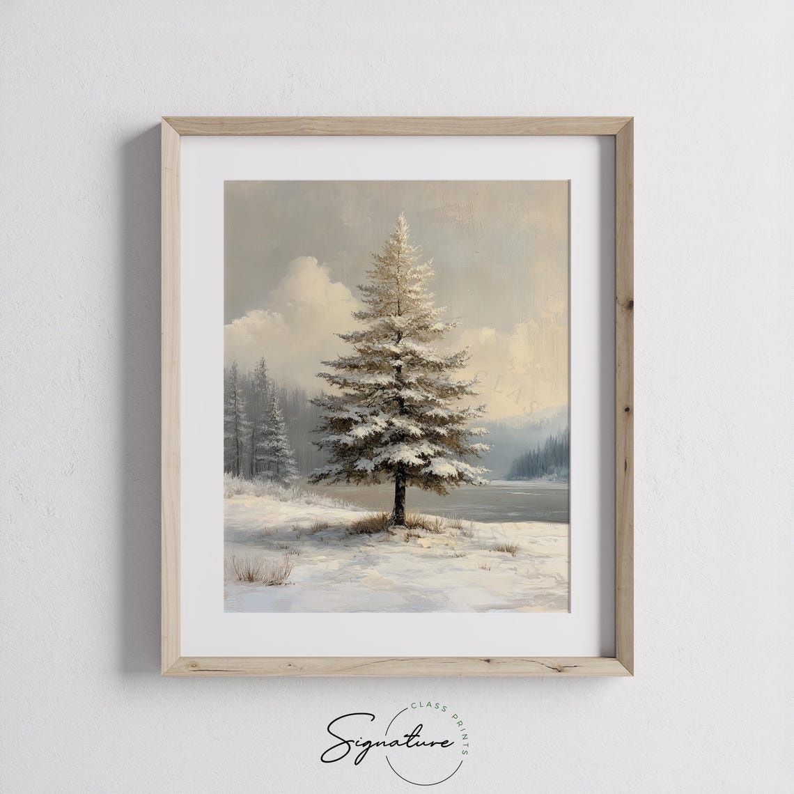 Single Snowy Pine Tree by Frozen Lake Shore Winter Morning Poster - Image 2