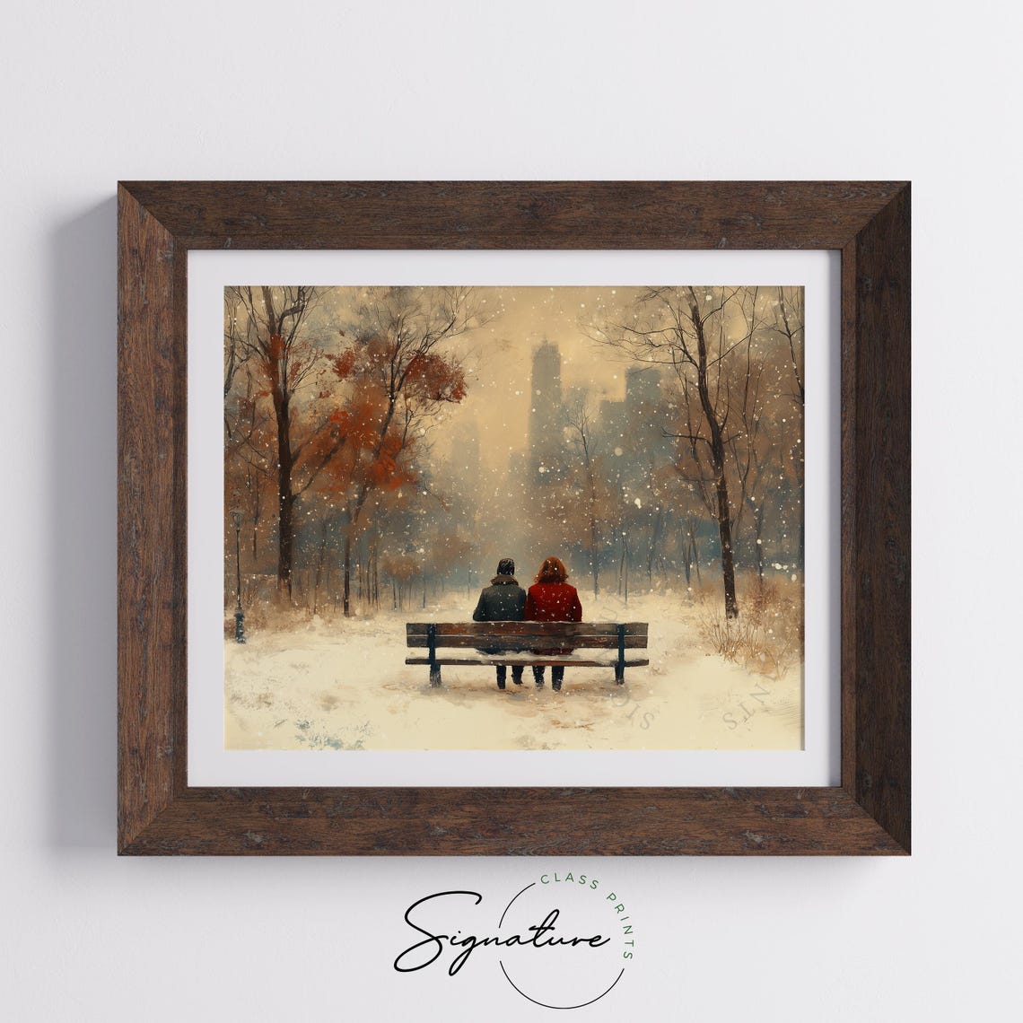 Couple On Park Bench In Falling Snow Romantic Winter Scene Poster - Image 5