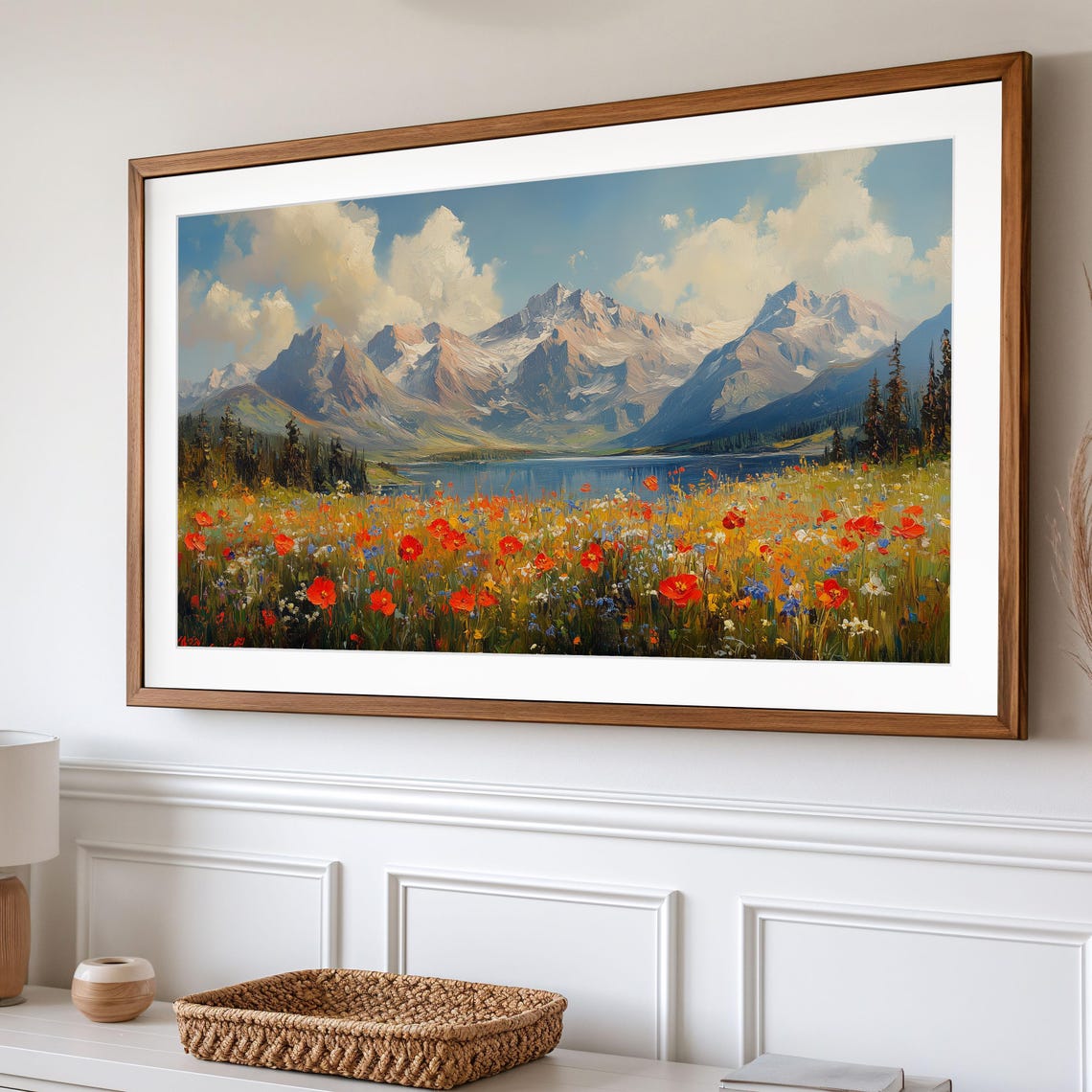 Alpine Lake Red Poppy Meadow Snow Peaks Colorful Landscape Wall Art - Image 2