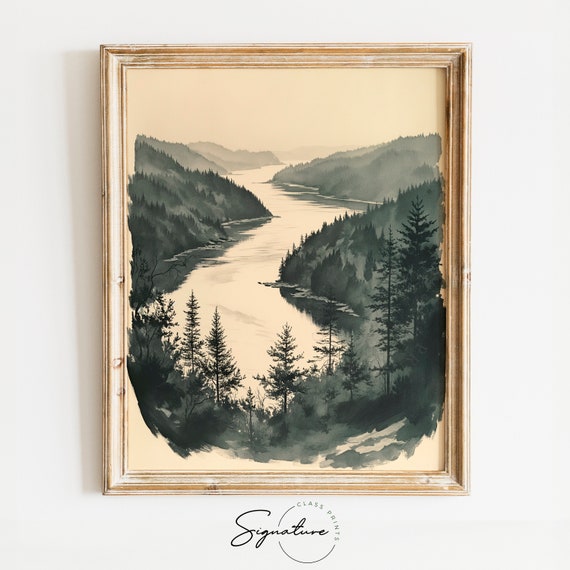 Curving River Through Forested Valley Sketch Tranquil Forest Landscape Art Monochrome Nature Scene Drawing Wall Decor 746