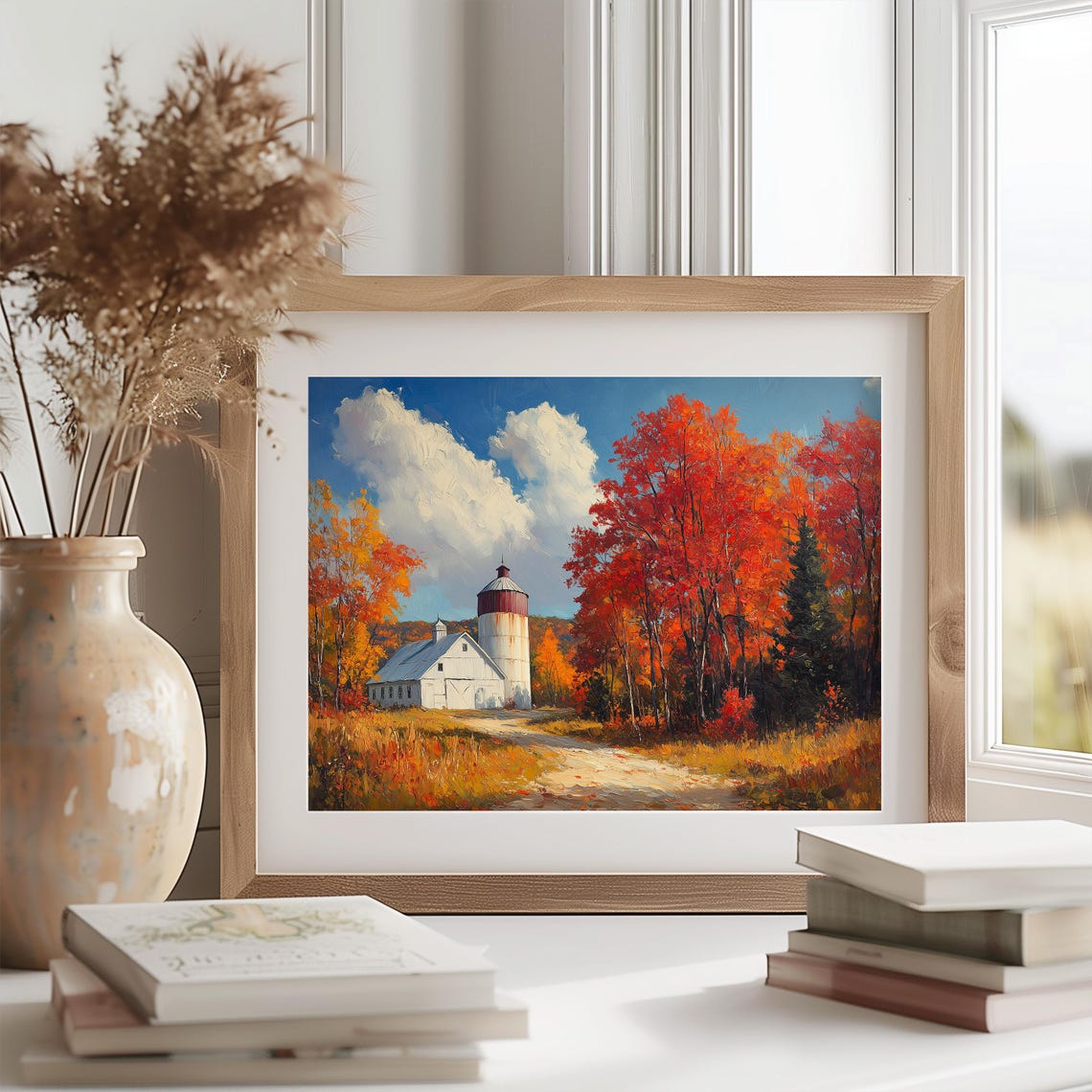 White Barn And Silo Among Blazing Red Trees Under Blue Sky Poster - Image 2