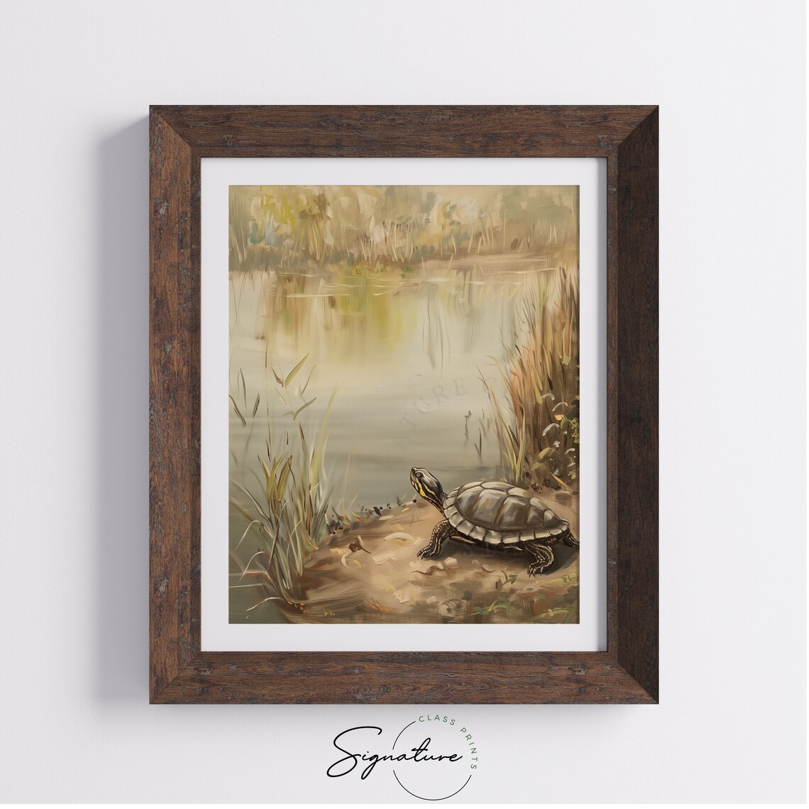 Morning Turtle By The Lake Basking Wildlife Painting Wall Art - Image 4