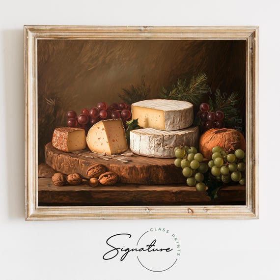 Rustic Cheese Board With Grapes Nuts Moody Christmas Kitchen Wall Art Farmhouse Winter Still Life Vintage Holiday Decor 2708