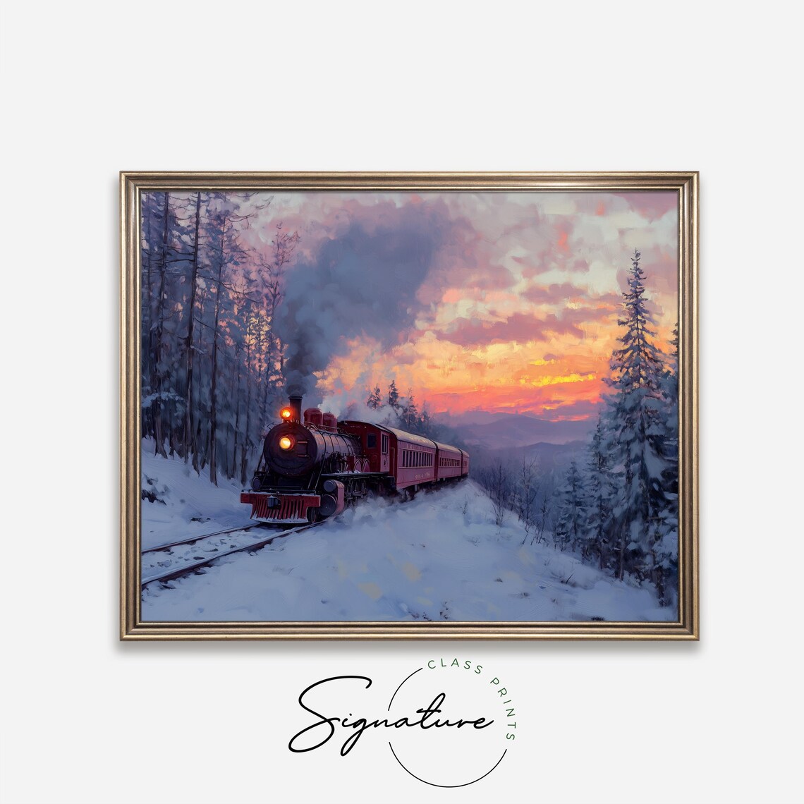Vintage Steam Train Crossing Snowy Mountains At Sunset Art Poster - Image 4