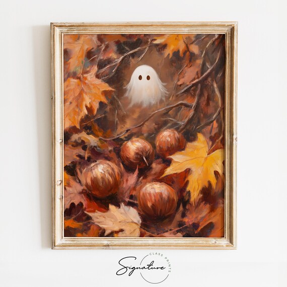 Little Ghost Peeking Through Autumn Leaves and Chestnuts Poster