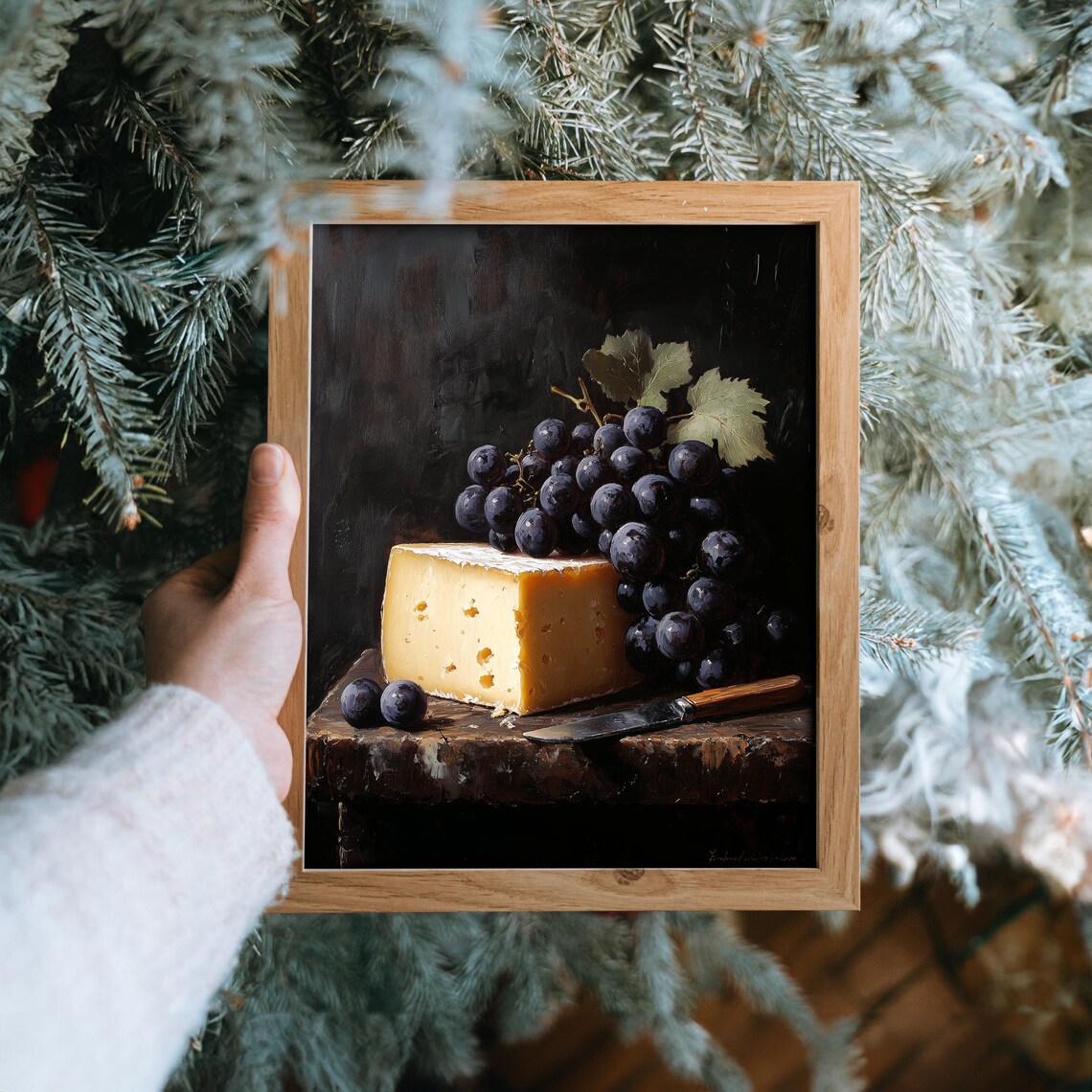 Dark Grapes With Aged Cheese Classic Still Life Oil Painting Poster - Image 6