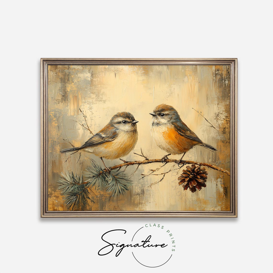 Two Small Songbirds On A Pine Branch With Pinecone Painting Poster - Image 4