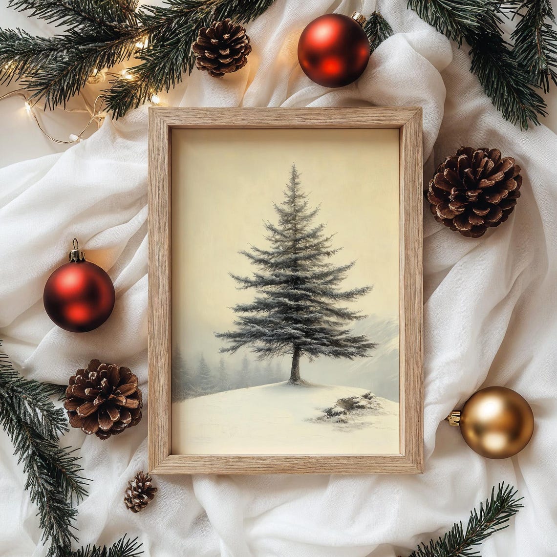 Single Frosted Cedar Tree on Snowy Hill Minimalist Winter Poster - Image 4