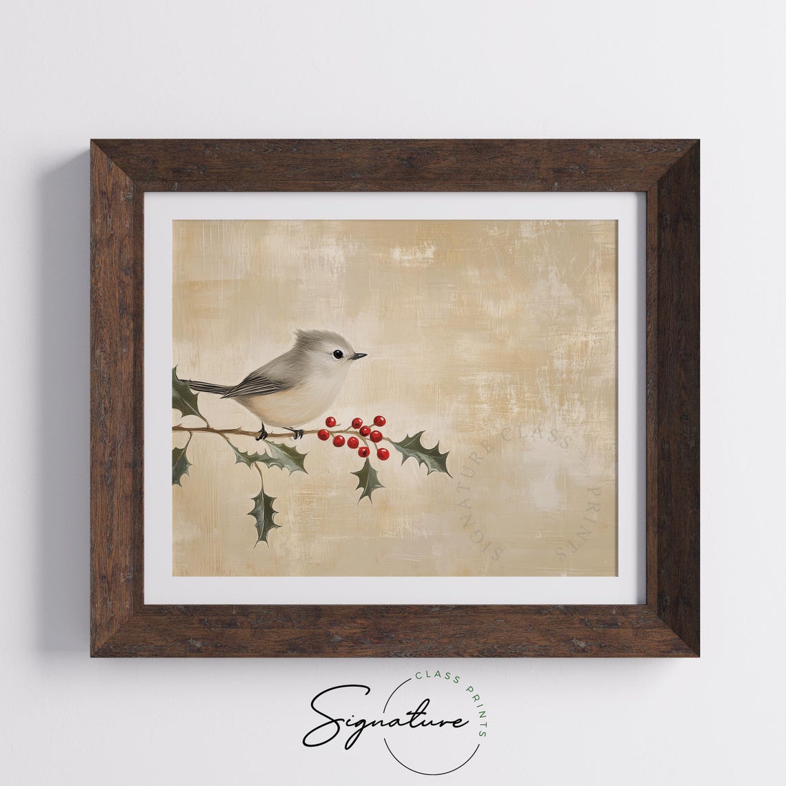 Tufted Titmouse on Holly Branch Red Berries Winter Bird Art Poster - Image 4