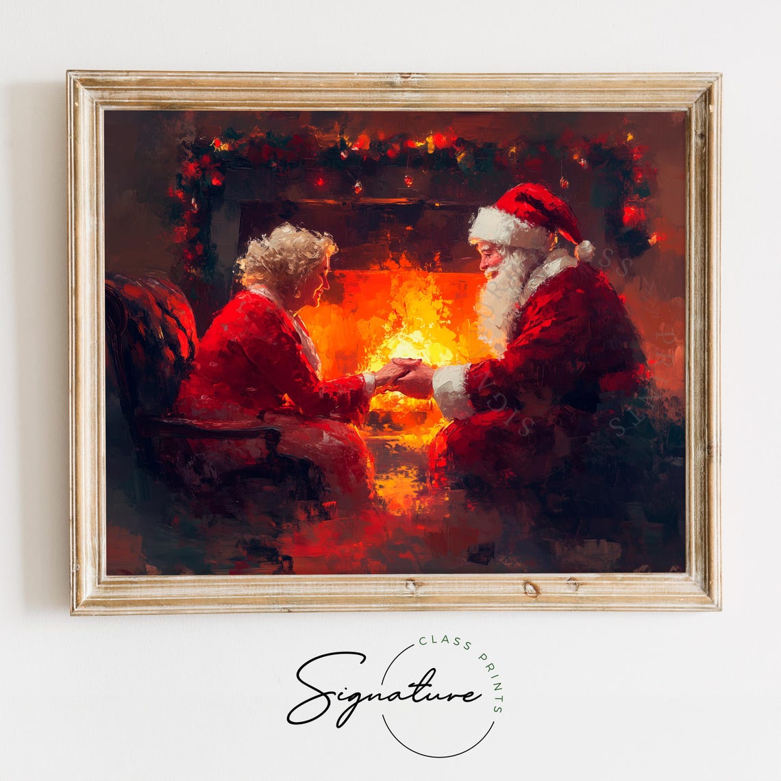 Santa And Mrs Claus Holding Hands By A Glowing Fireplace Art Poster