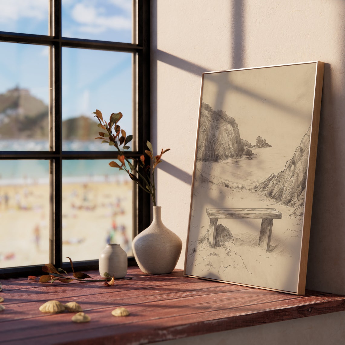 Solitary Bench Overlooking Secluded Cove Coastal Sketch Poster - Image 5