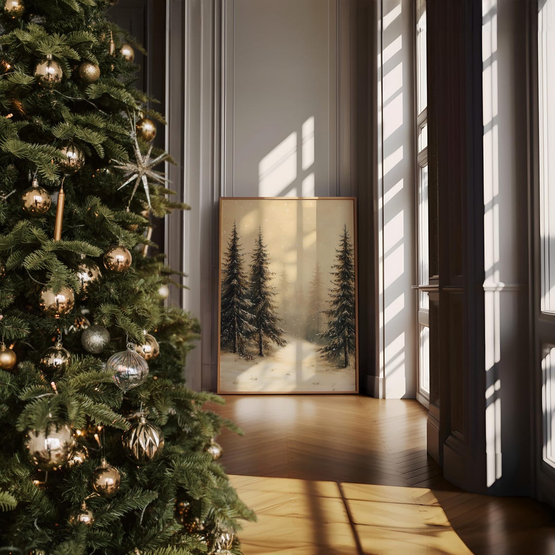 Frosted Pines in Falling Snow Golden Sepia Winter Forest Poster - Image 2