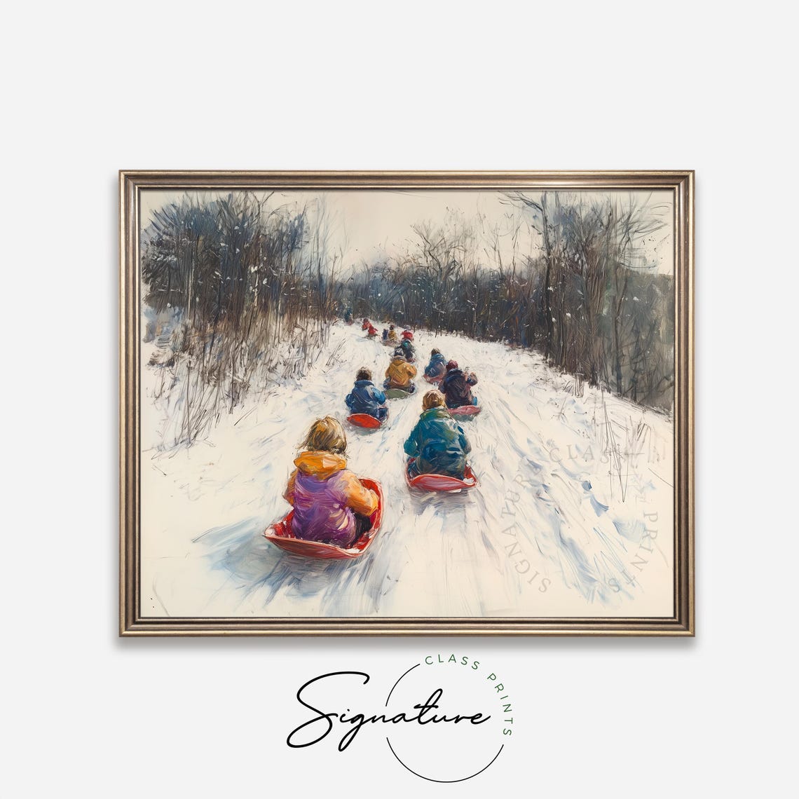 Children Sledding Downhill On Red Sleds Joyful Winter Poster - Image 4