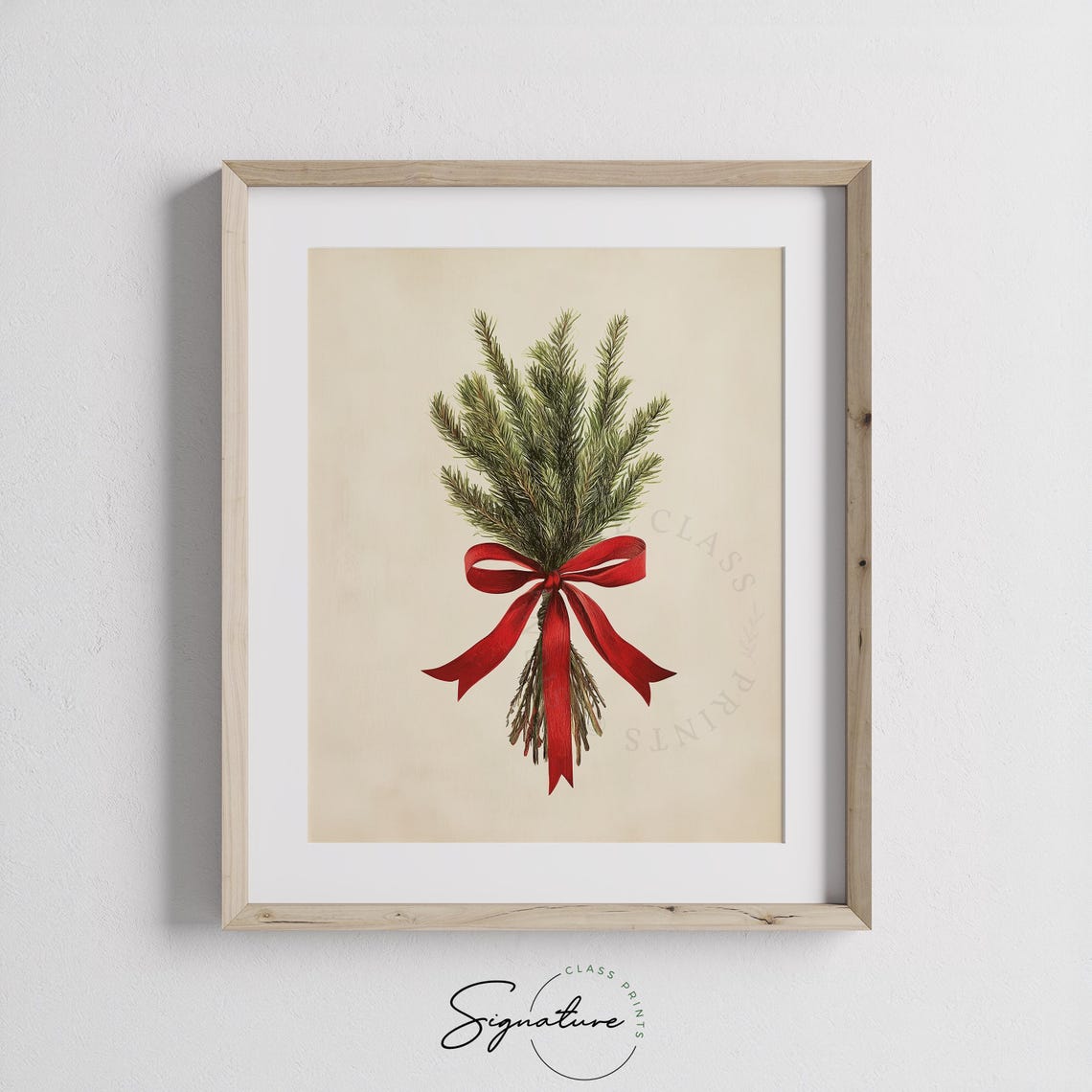 Pine Sprigs Red Bow Minimalist Christmas Greenery Botanical Art Poster - Image 3